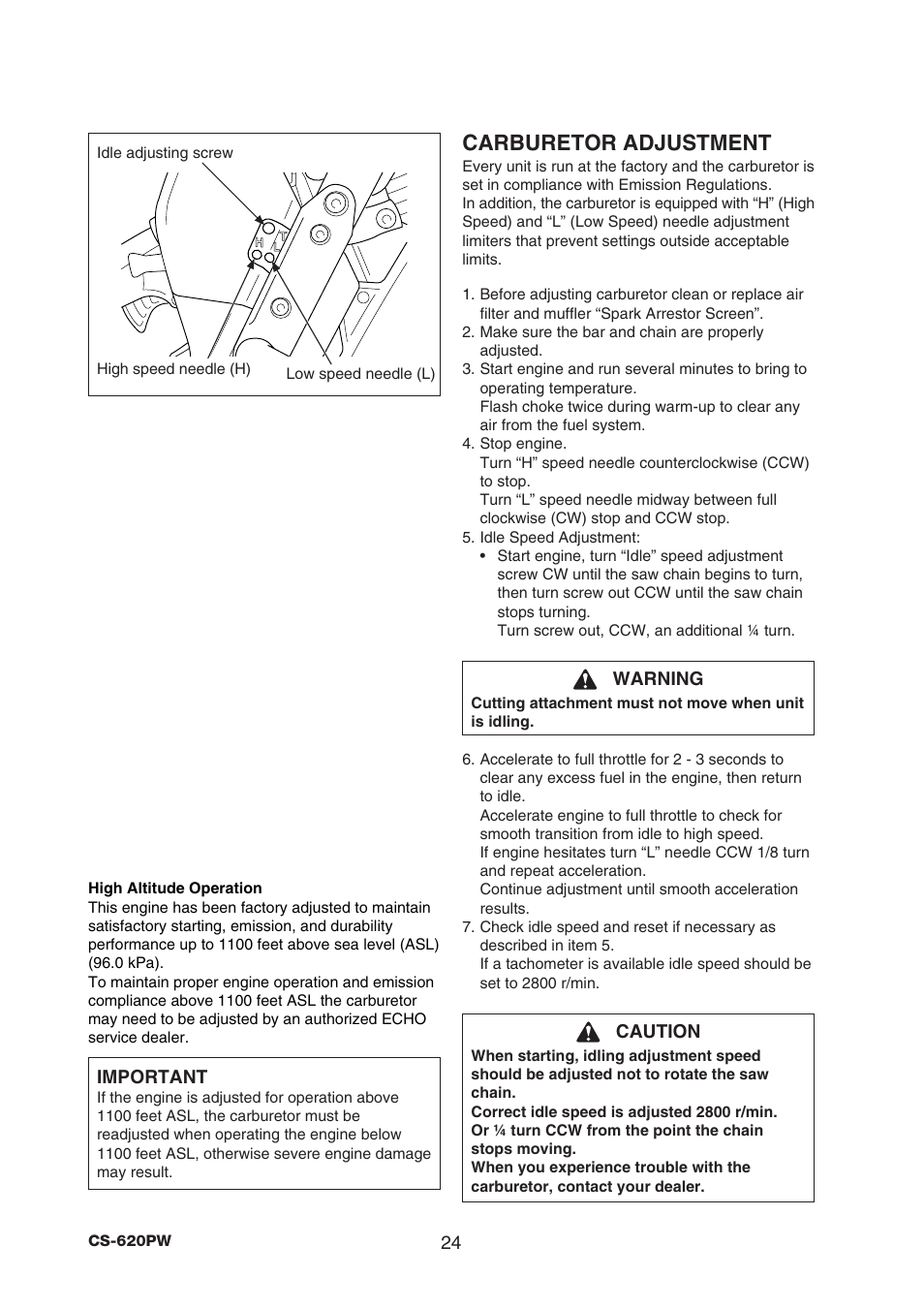 Carburetor adjustment | Echo CS-620PW User Manual | Page 26 / 34