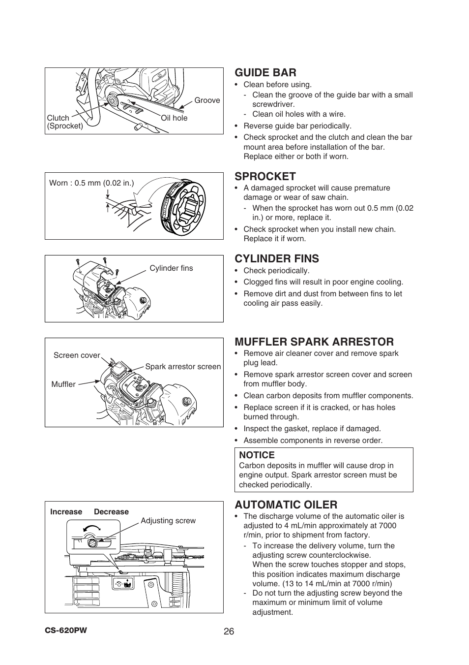 Guide bar, Sprocket, Cylinder fins | Muffler spark arrestor, Automatic oiler | Echo CS-620PW User Manual | Page 28 / 34