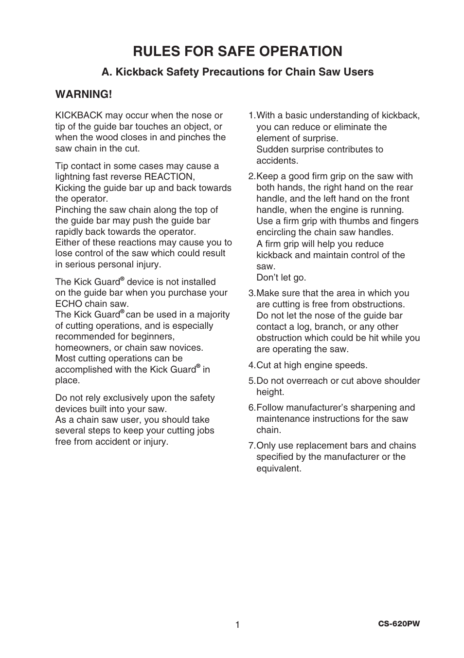 Rules for safe operation | Echo CS-620PW User Manual | Page 3 / 34