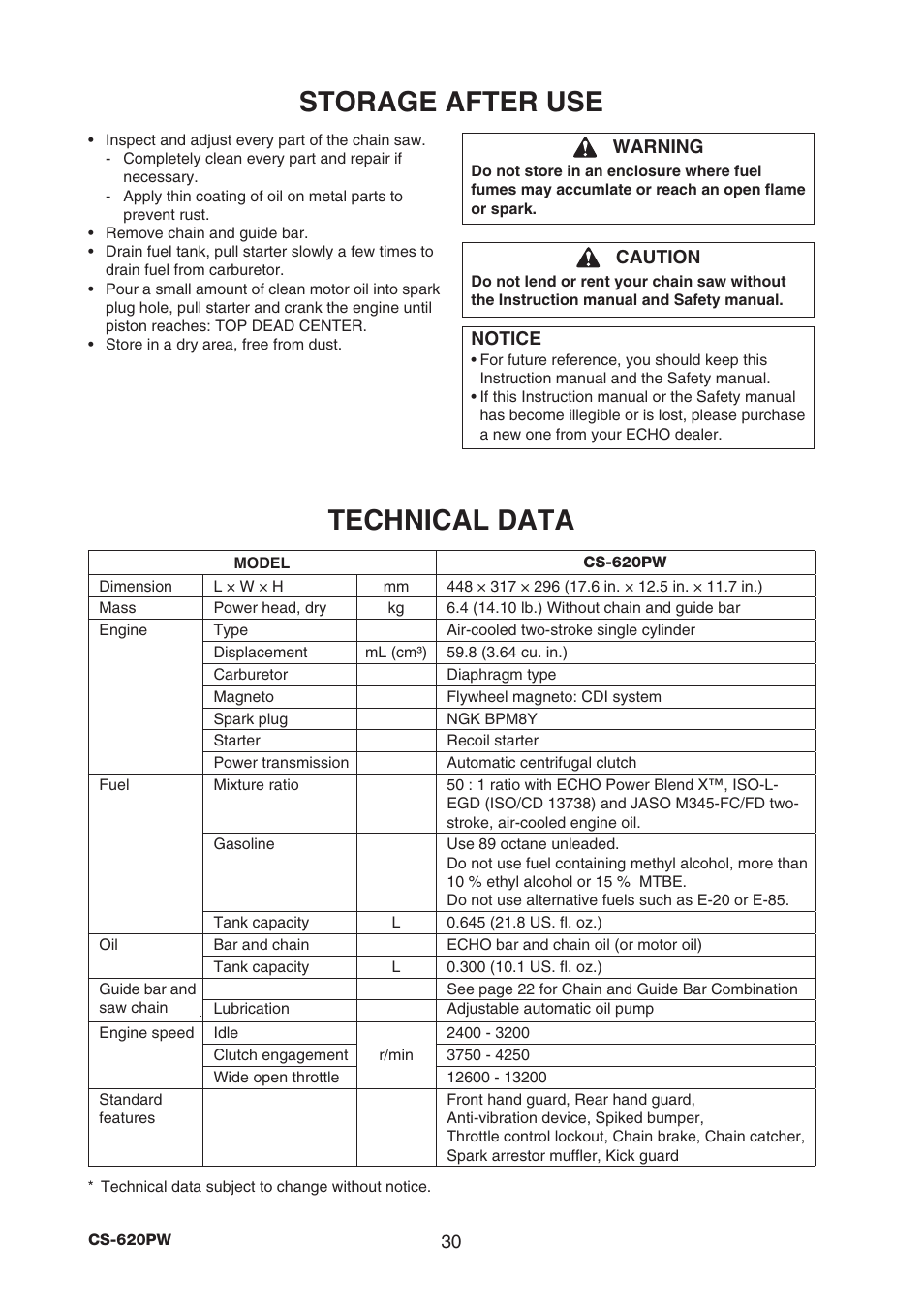 Storage after use, Technical data | Echo CS-620PW User Manual | Page 32 / 34