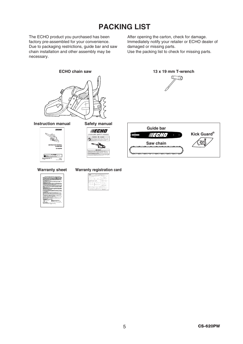 Packing list | Echo CS-620PW User Manual | Page 7 / 34