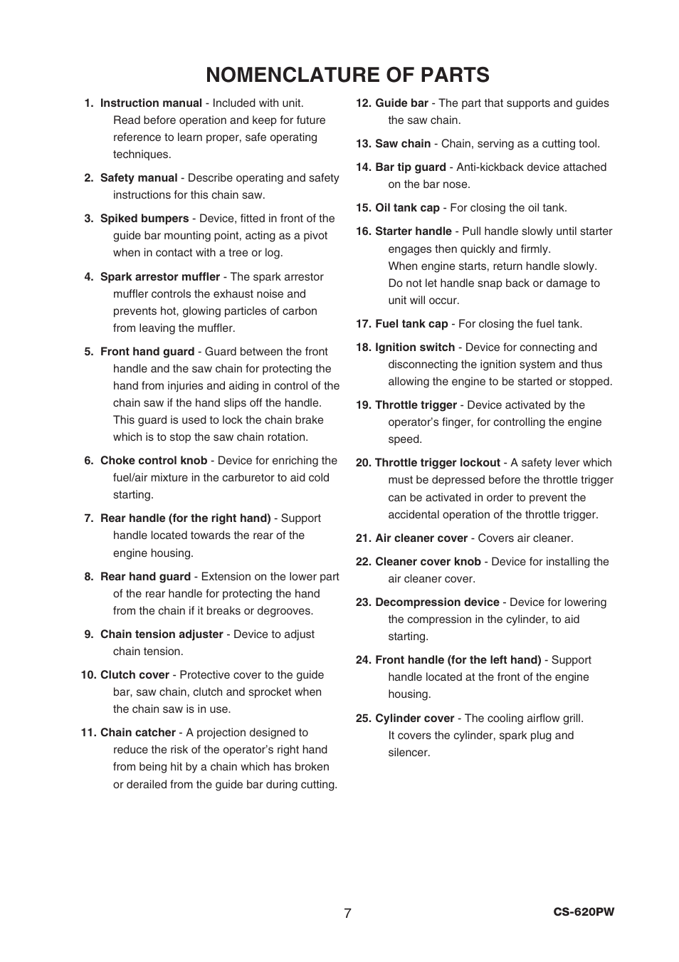 Nomenclature of parts | Echo CS-620PW User Manual | Page 9 / 34