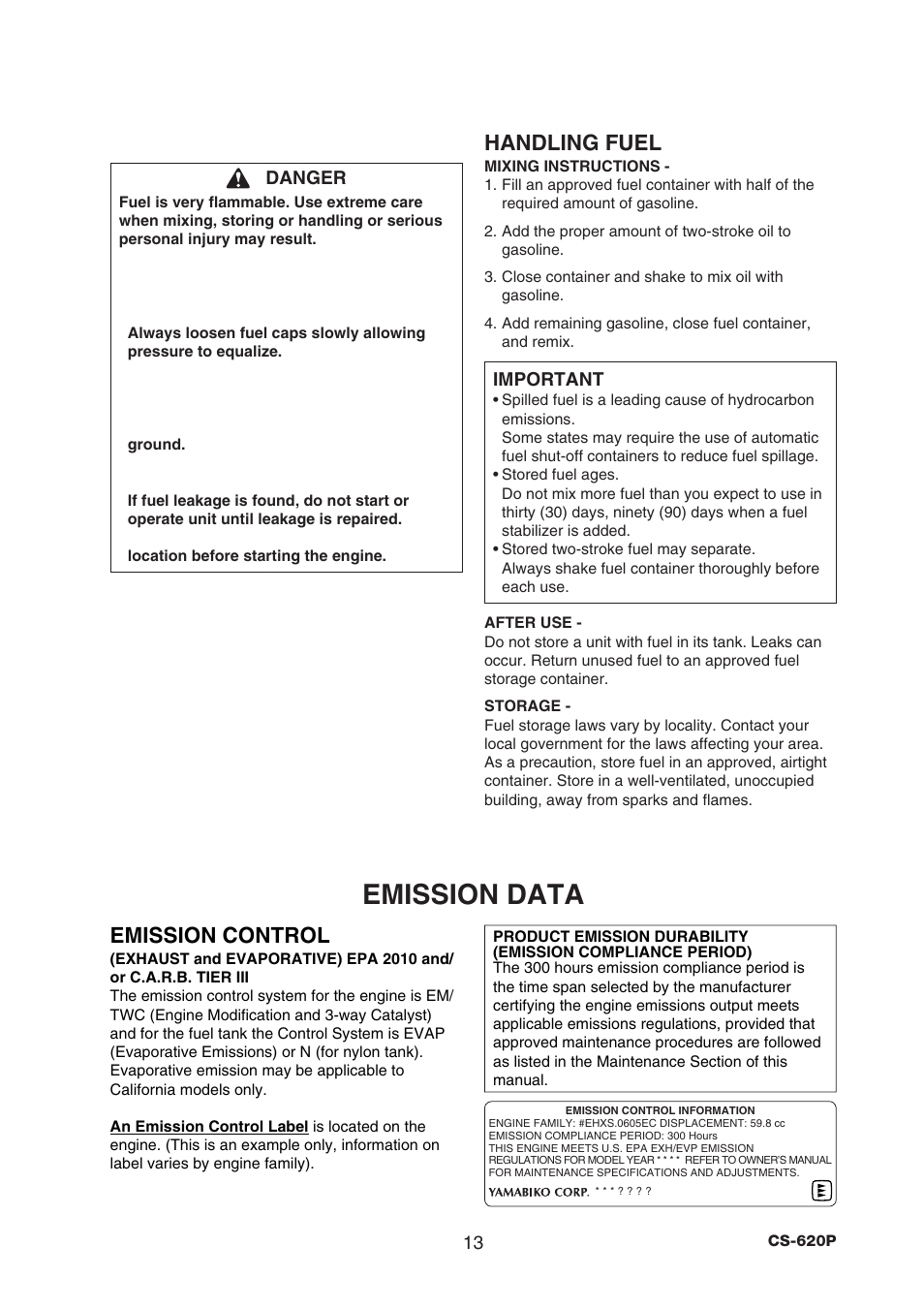 Emission data, Handling fuel, Emission control | Echo CS-620P User Manual | Page 15 / 34