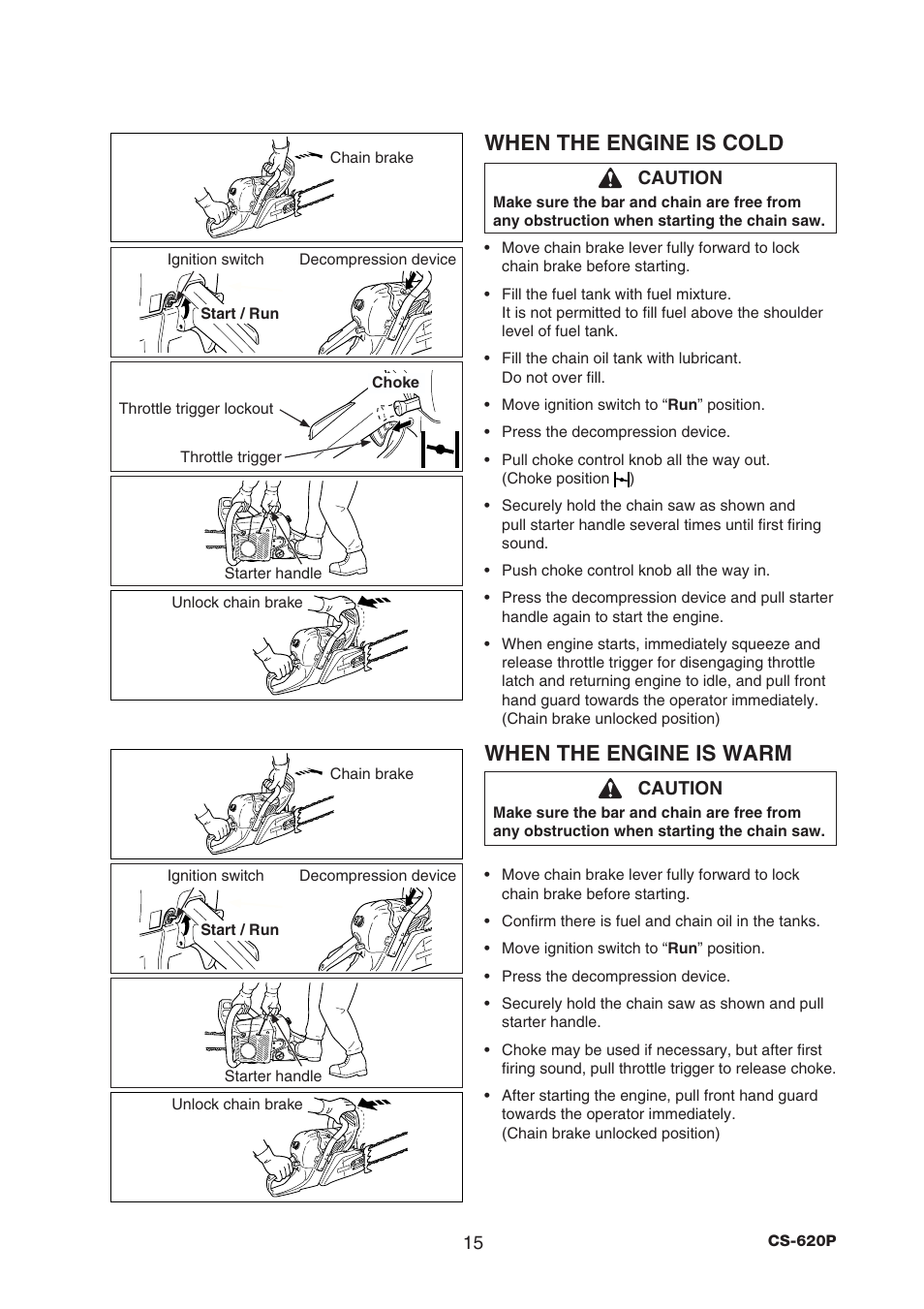 When the engine is cold, When the engine is warm | Echo CS-620P User Manual | Page 17 / 34
