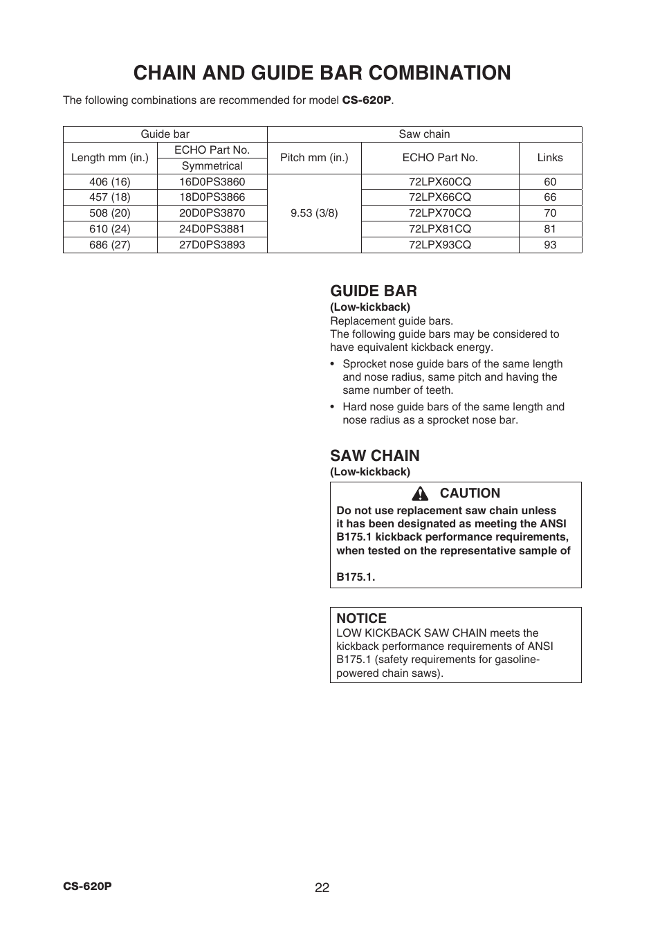 Chain and guide bar combination, Guide bar, Saw chain | Echo CS-620P User Manual | Page 24 / 34