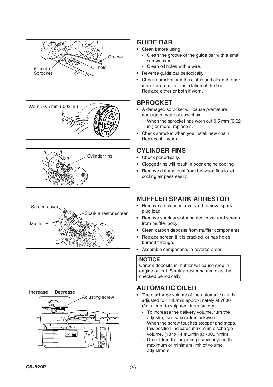 Guide bar, Sprocket, Cylinder fins | Muffler spark arrestor, Automatic oiler | Echo CS-620P User Manual | Page 28 / 34