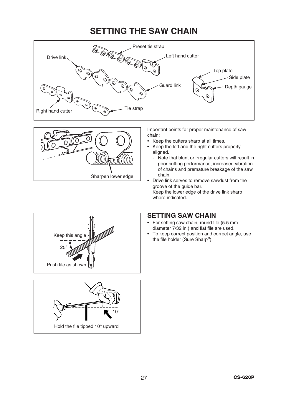 Setting the saw chain, Setting saw chain | Echo CS-620P User Manual | Page 29 / 34