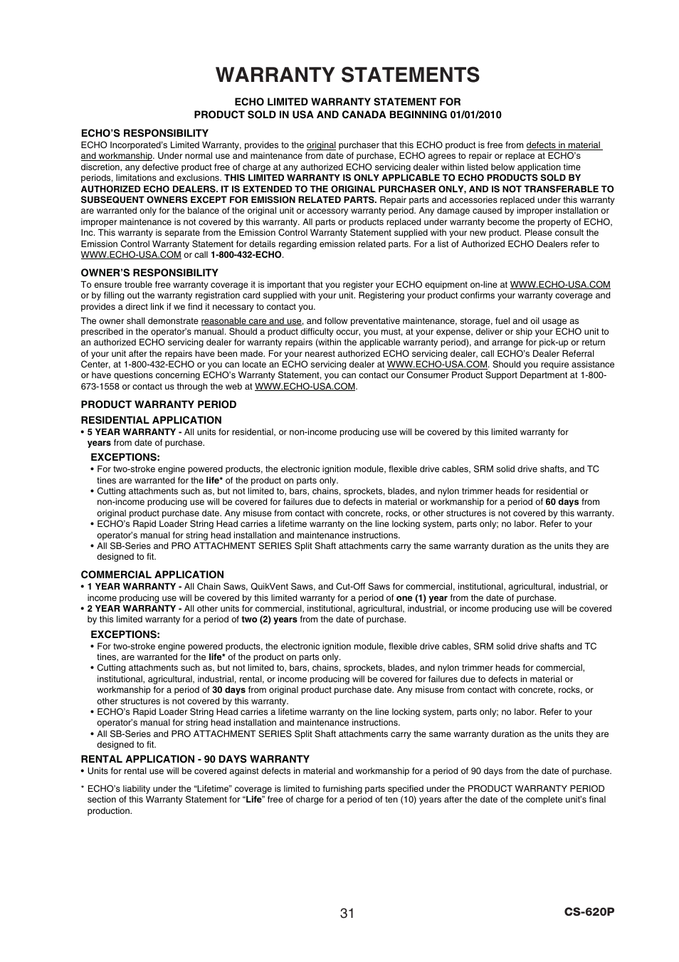 Warranty statements | Echo CS-620P User Manual | Page 33 / 34