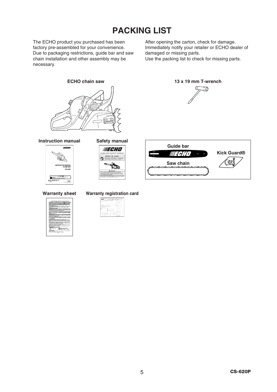 Packing list | Echo CS-620P User Manual | Page 7 / 34