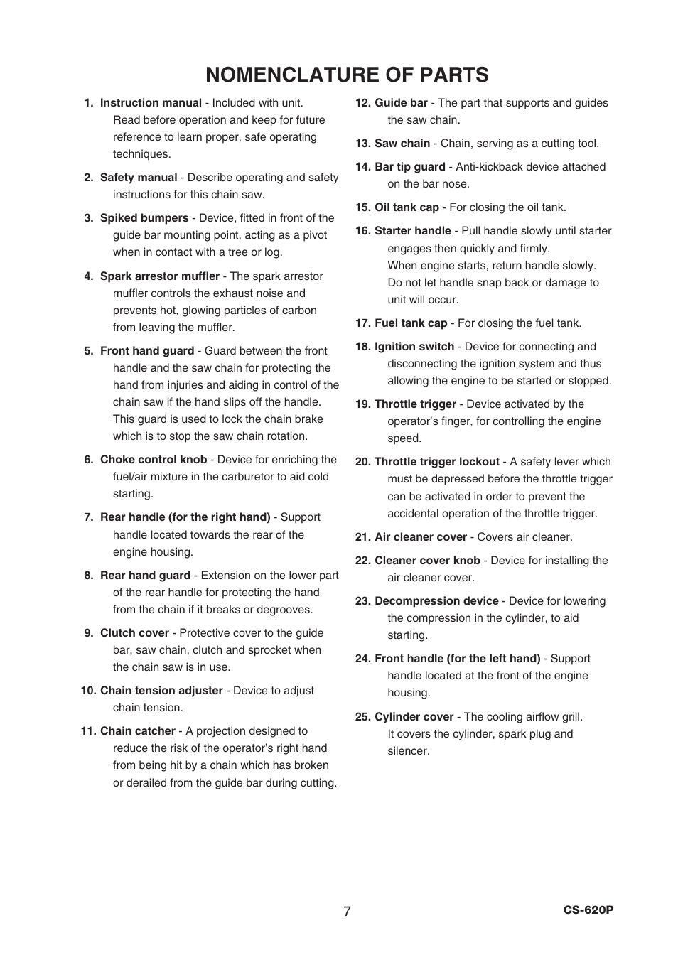 Nomenclature of parts | Echo CS-620P User Manual | Page 9 / 34