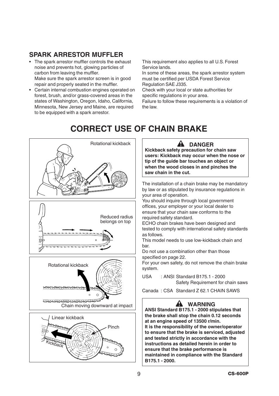 Correct use of chain brake, Spark arrestor muffler | Echo CS-600P Serial C03603001001 - C03603999999 User Manual | Page 11 / 36