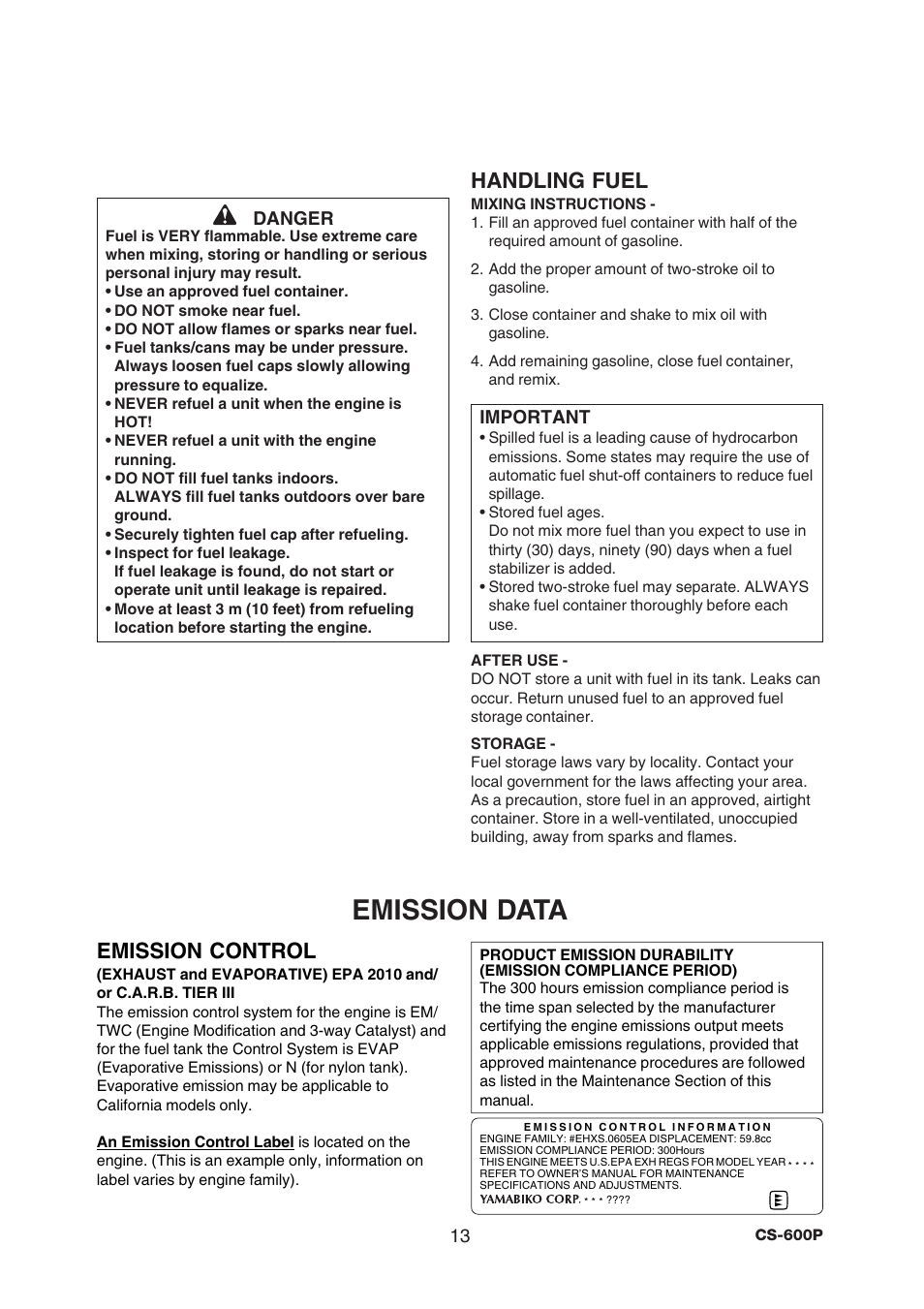Emission data, Handling fuel, Emission control | Echo CS-600P Serial C03603001001 - C03603999999 User Manual | Page 15 / 36