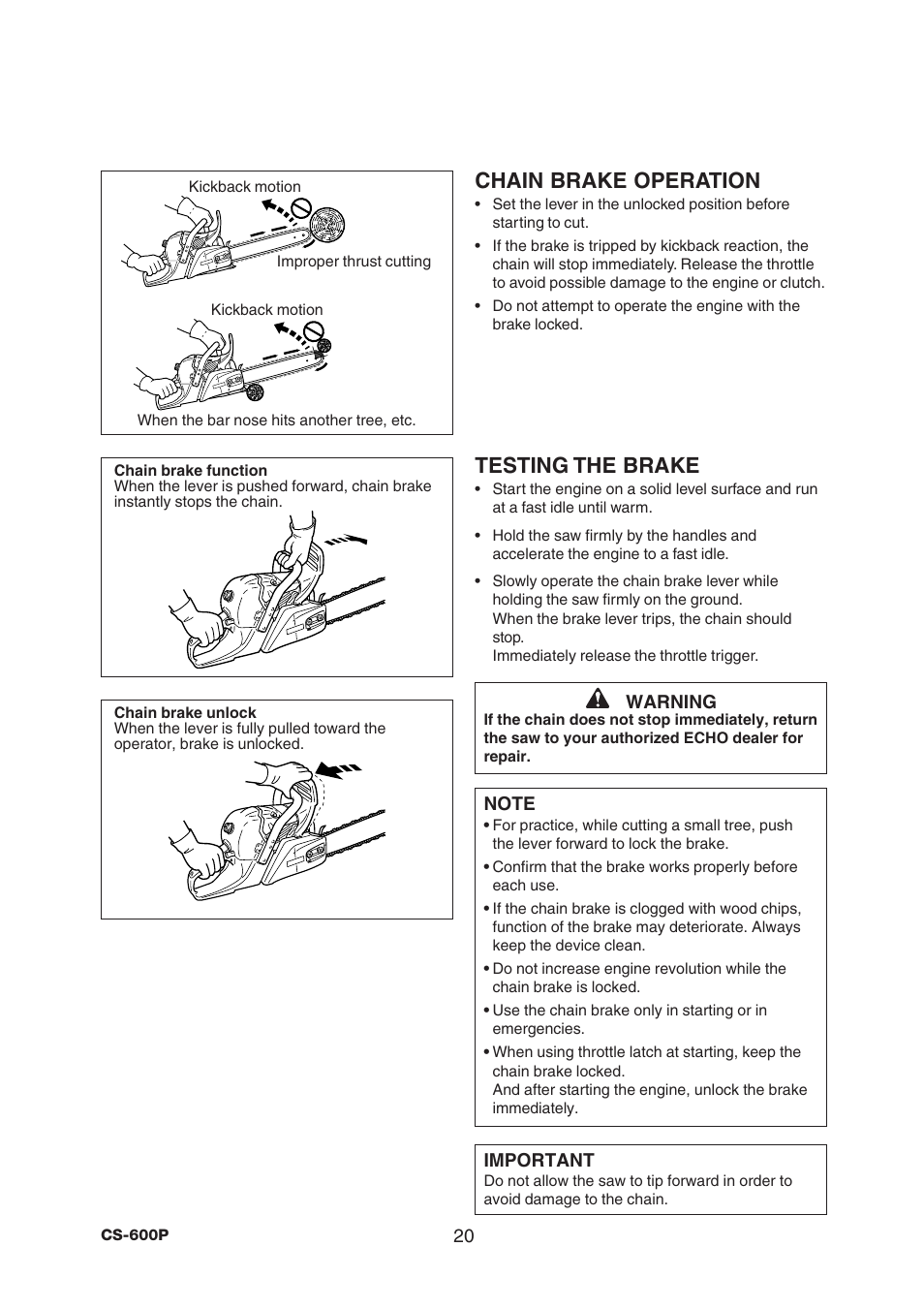 Chain brake operation, Testing the brake | Echo CS-600P Serial C03603001001 - C03603999999 User Manual | Page 22 / 36