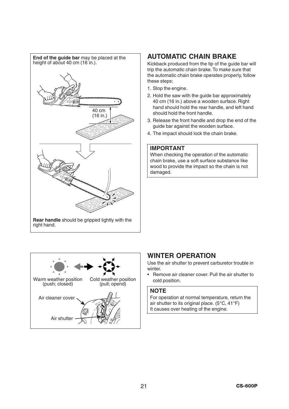 Automatic chain brake, Winter operation | Echo CS-600P Serial C03603001001 - C03603999999 User Manual | Page 23 / 36