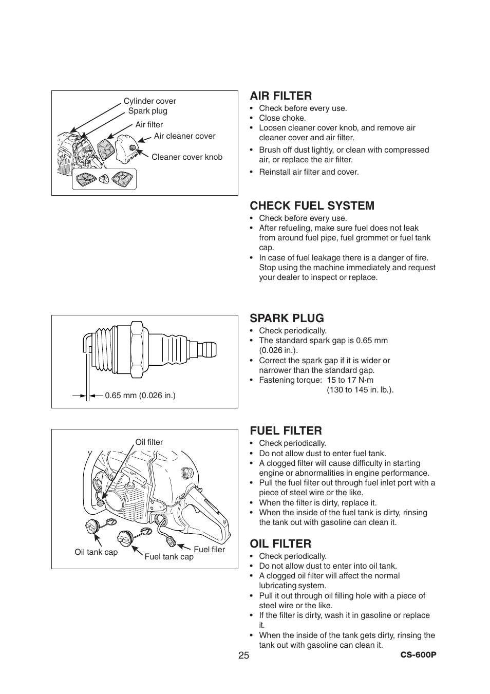 Air filter, Check fuel system, Spark plug | Fuel filter, Oil filter | Echo CS-600P Serial C03603001001 - C03603999999 User Manual | Page 27 / 36