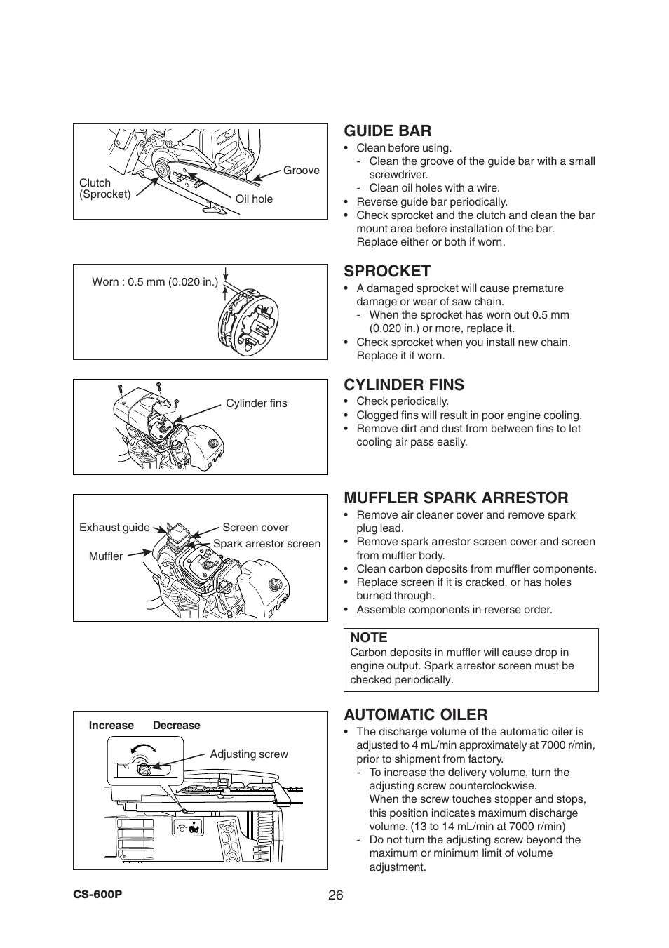 Guide bar, Sprocket, Cylinder fins | Muffler spark arrestor, Automatic oiler | Echo CS-600P Serial C03603001001 - C03603999999 User Manual | Page 28 / 36