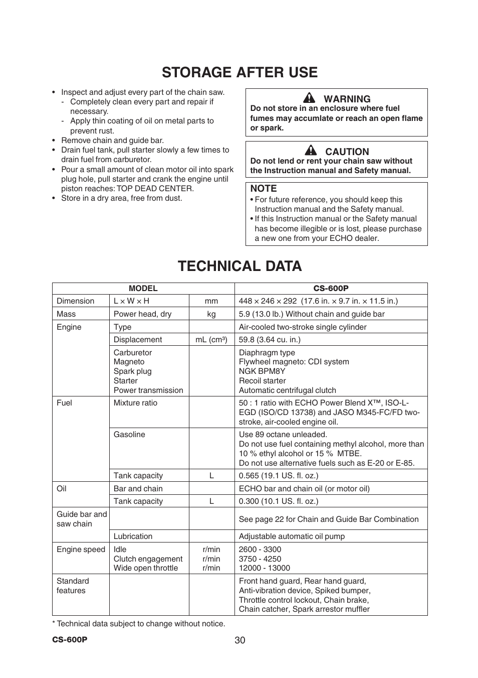 Storage after use, Technical data | Echo CS-600P Serial C03603001001 - C03603999999 User Manual | Page 32 / 36