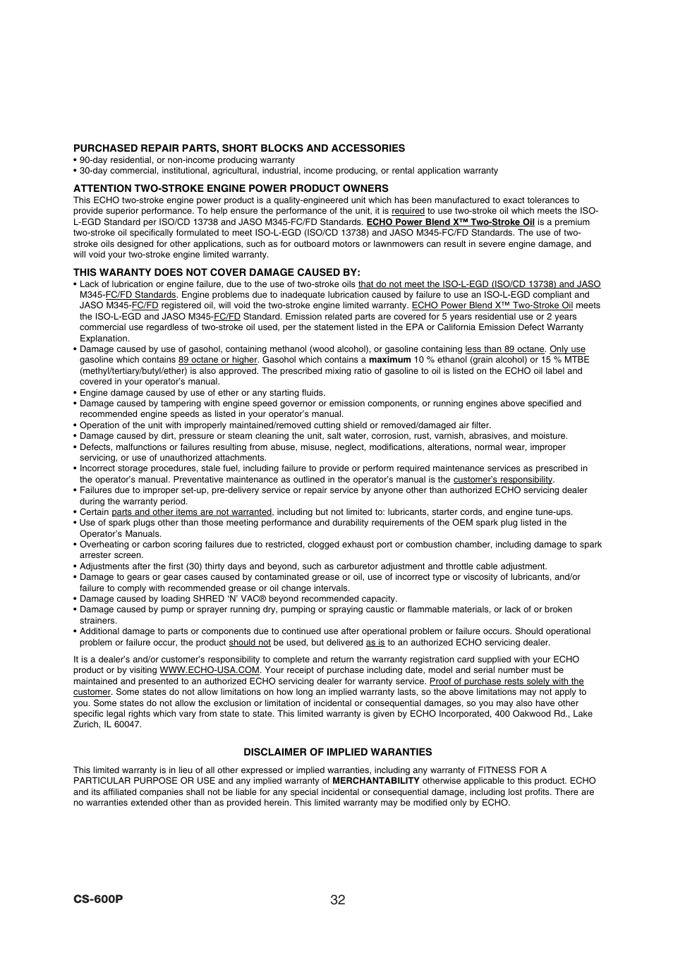 Echo CS-600P Serial C03603001001 - C03603999999 User Manual | Page 34 / 36