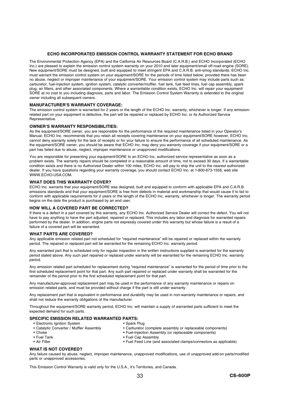Echo CS-600P Serial C03603001001 - C03603999999 User Manual | Page 35 / 36