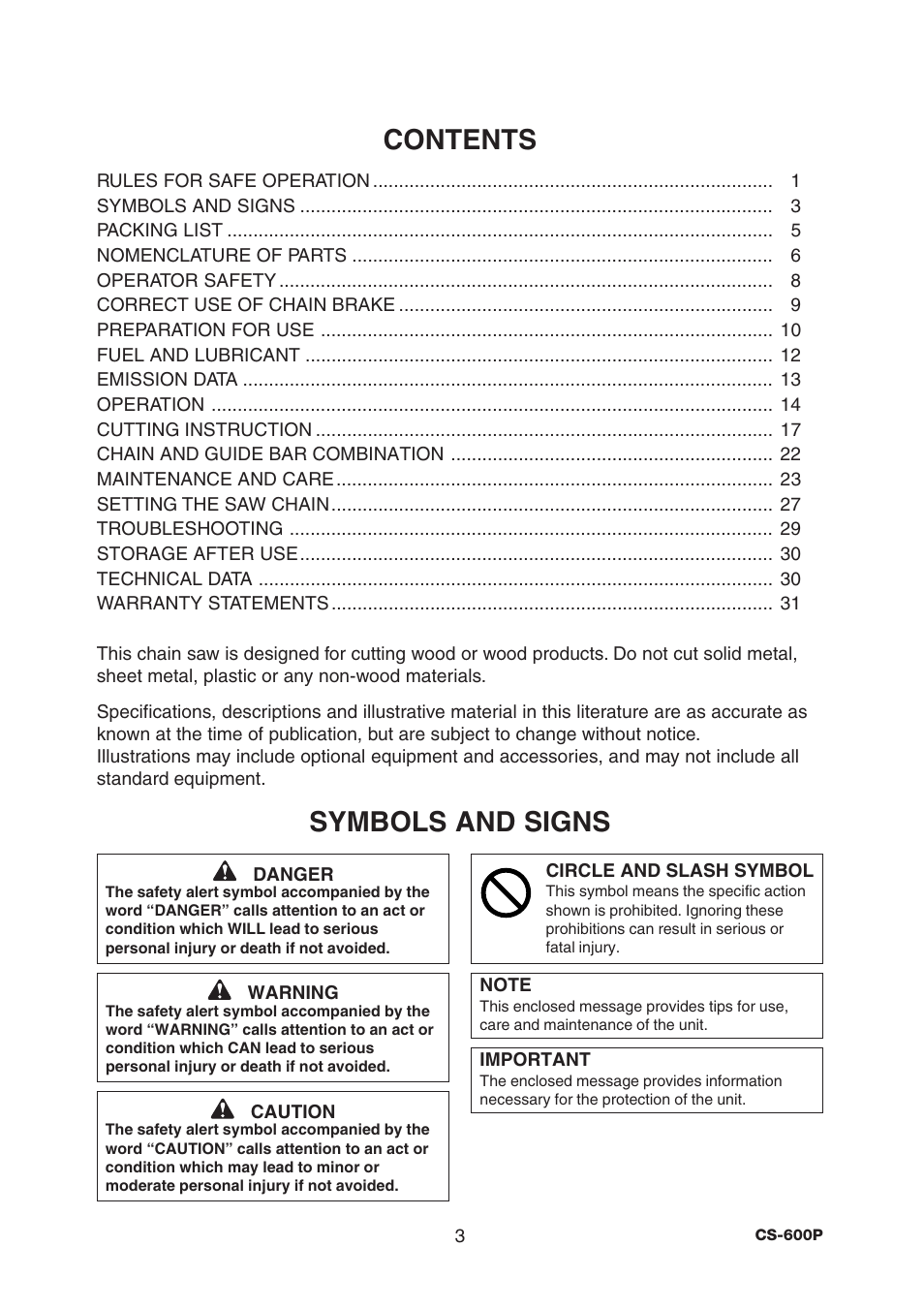 Symbols and signs contents | Echo CS-600P Serial C03603001001 - C03603999999 User Manual | Page 5 / 36