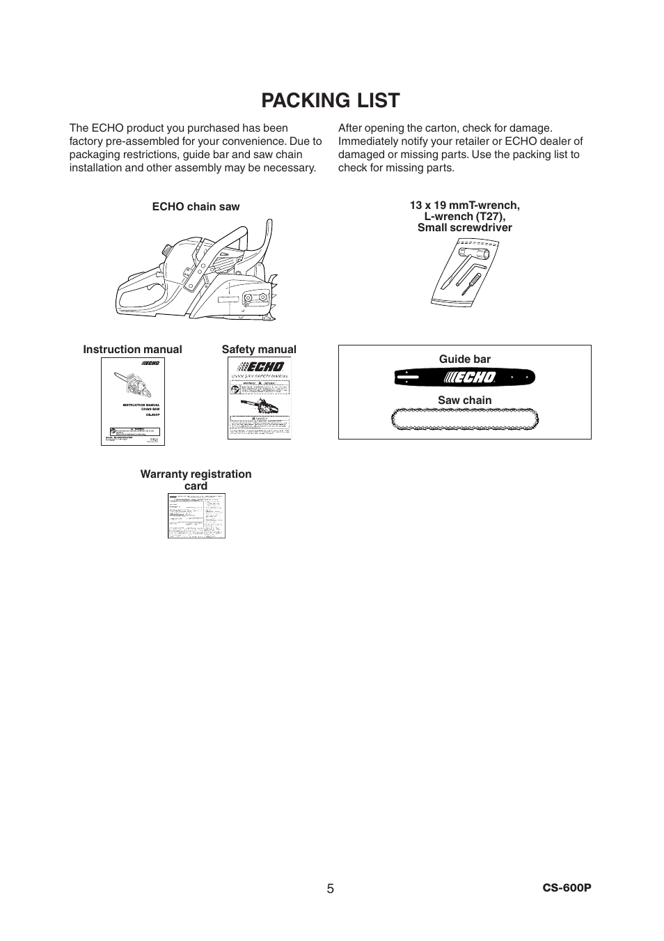 Packing list | Echo CS-600P Serial C03603001001 - C03603999999 User Manual | Page 7 / 36