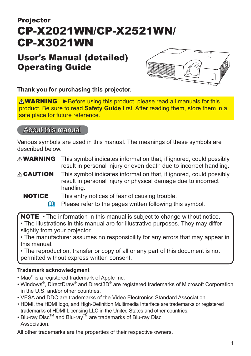 Hitachi CP-X2021WN User Manual | 107 pages