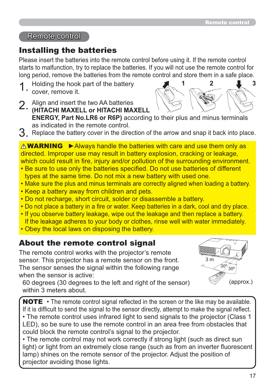 Remote control about the remote control signal, Installing the batteries | Hitachi CP-X2021WN User Manual | Page 17 / 107