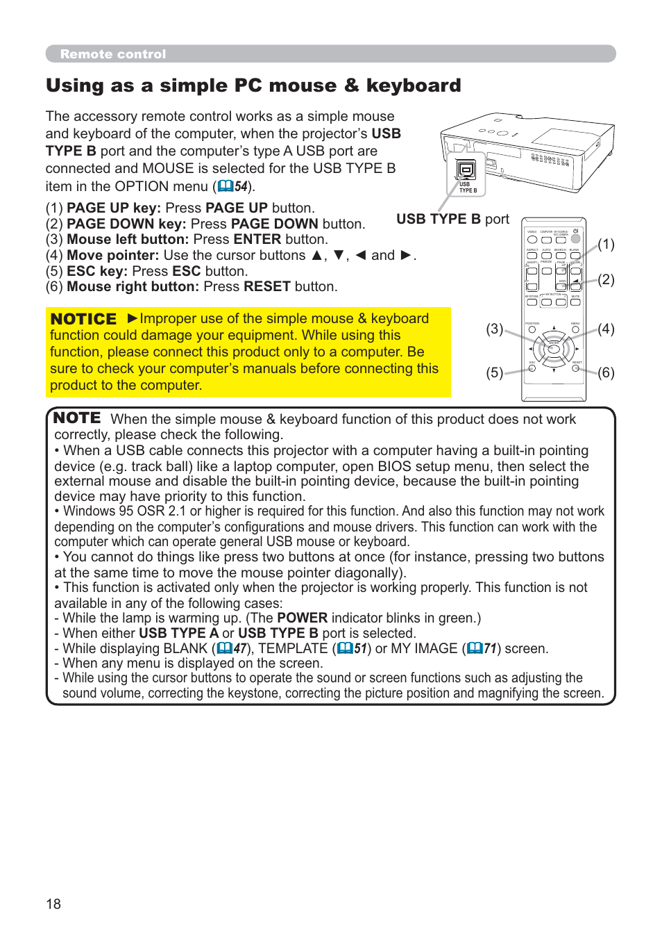 Using as a simple pc mouse & keyboard, Notice, Usb type b port | Remote control | Hitachi CP-X2021WN User Manual | Page 18 / 107