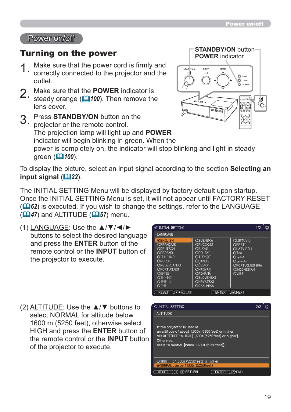Turning on the power, Power on/off | Hitachi CP-X2021WN User Manual | Page 19 / 107