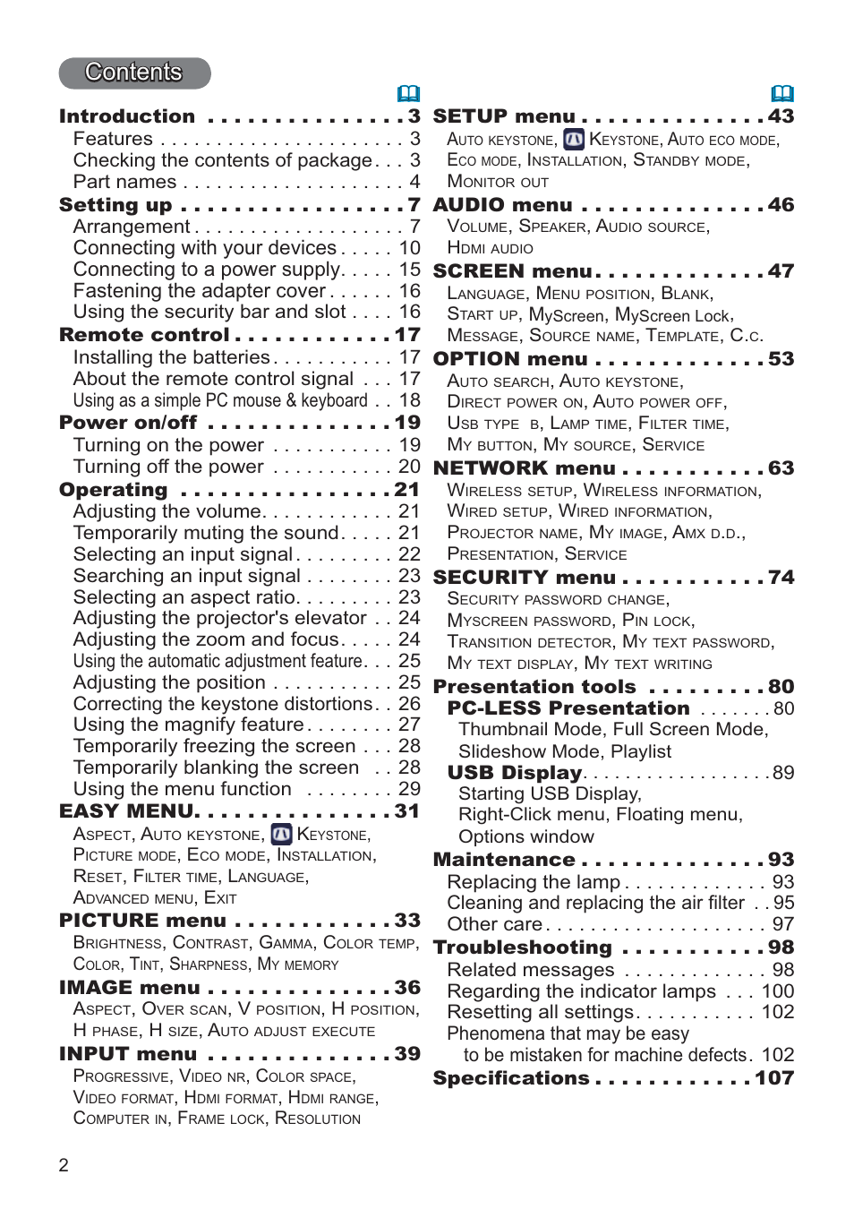 Hitachi CP-X2021WN User Manual | Page 2 / 107