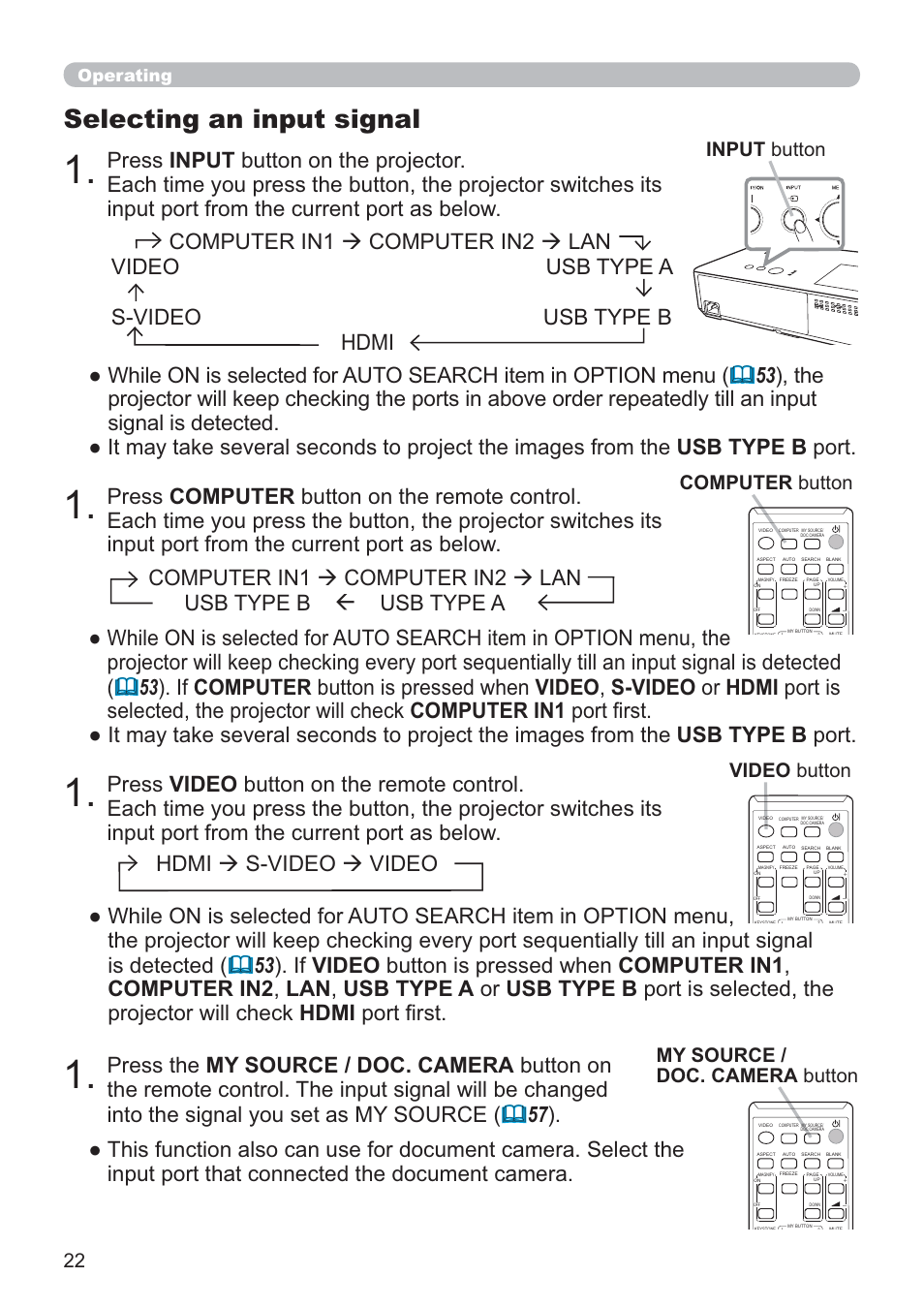 Selecting an input signal, Input button, Video button | My source / doc. camera button, Computer button, Operating | Hitachi CP-X2021WN User Manual | Page 22 / 107