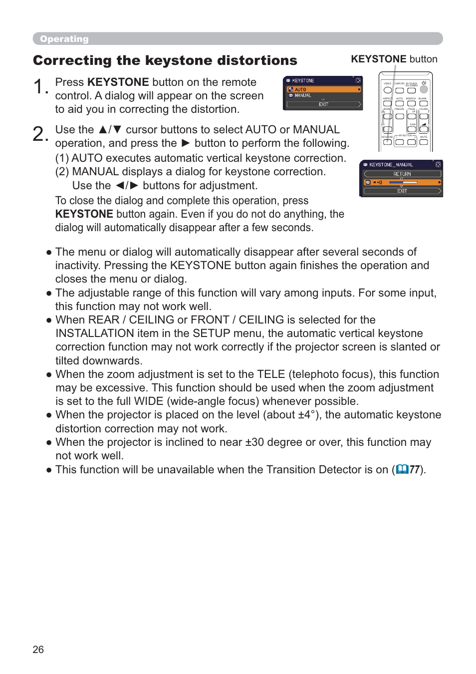 Correcting the keystone distortions, Keystone button, Operating | Hitachi CP-X2021WN User Manual | Page 26 / 107