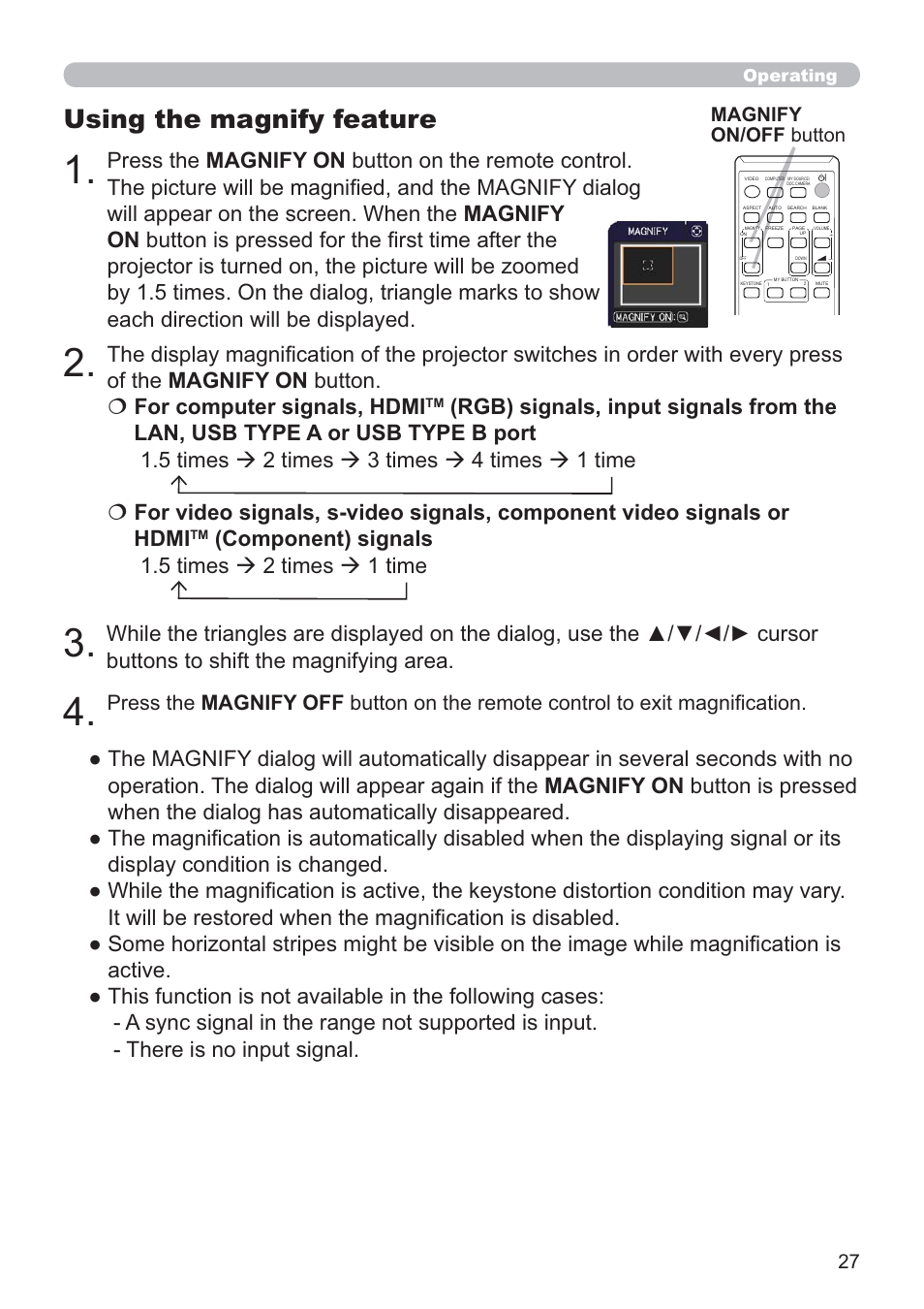 Using the magnify feature, Magnify on/off button | Hitachi CP-X2021WN User Manual | Page 27 / 107