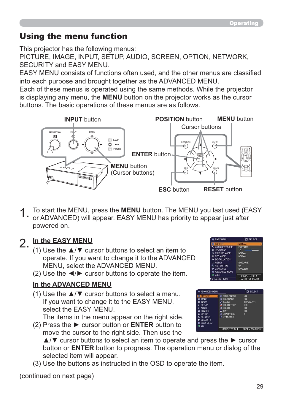 Using the menu function | Hitachi CP-X2021WN User Manual | Page 29 / 107