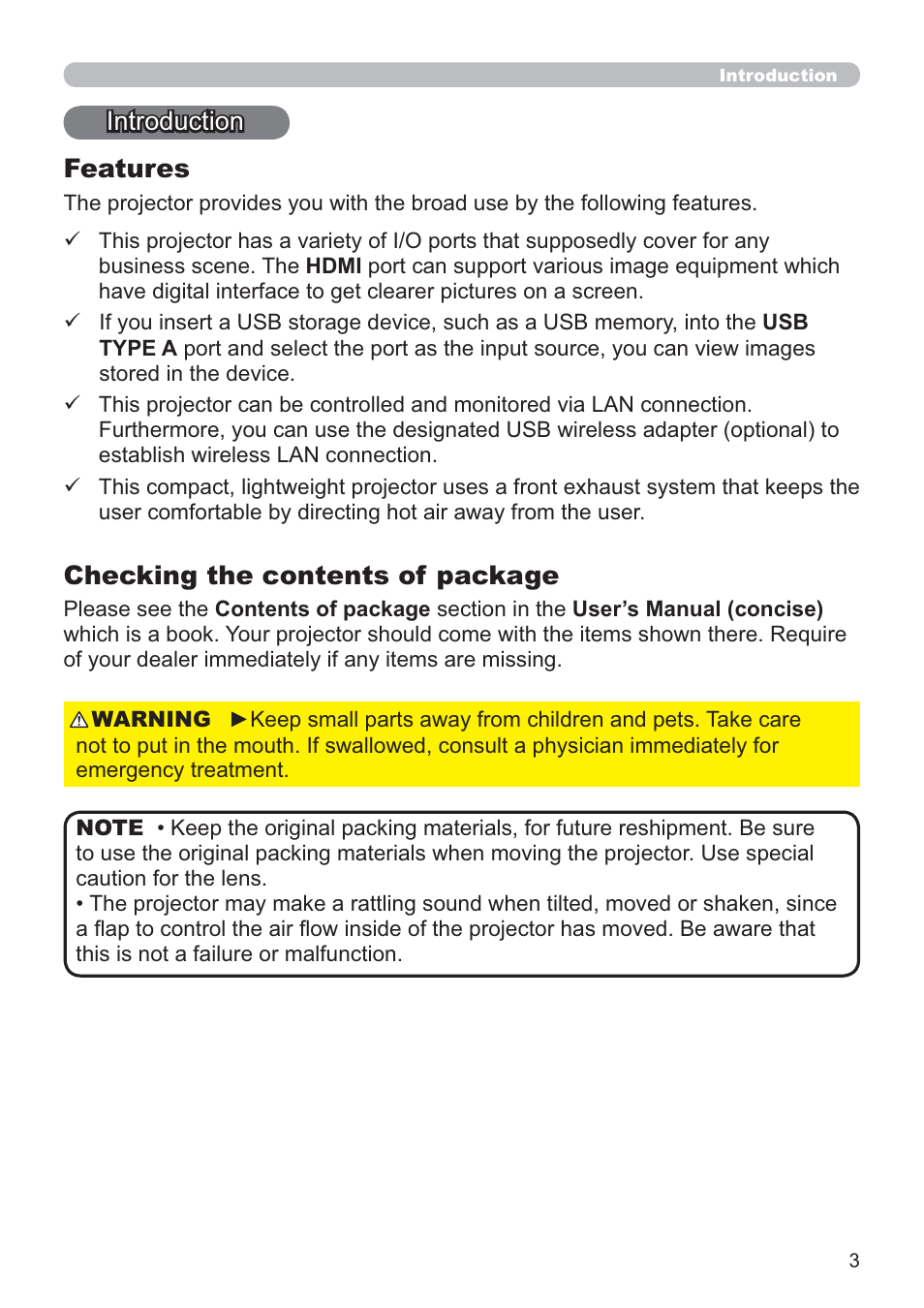 Introduction, Checking the contents of package, Features | Hitachi CP-X2021WN User Manual | Page 3 / 107