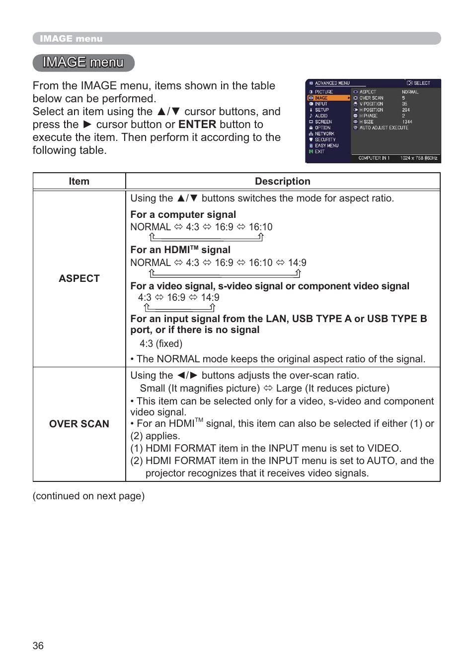 Image menu | Hitachi CP-X2021WN User Manual | Page 36 / 107