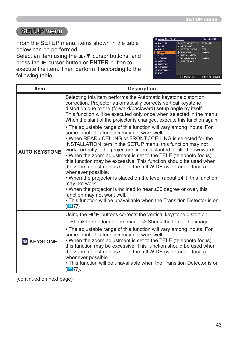 Setup menu | Hitachi CP-X2021WN User Manual | Page 43 / 107