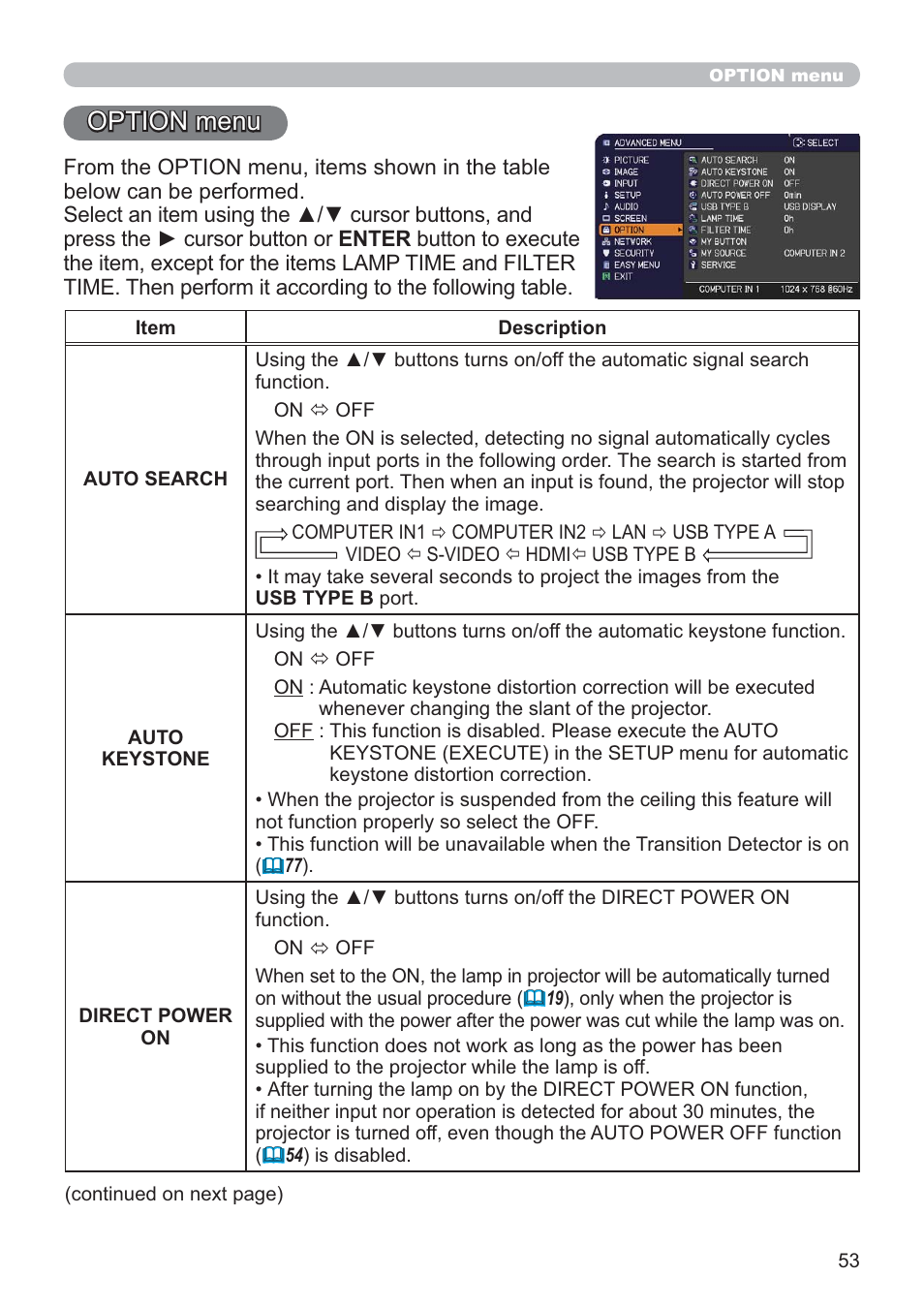 Option menu | Hitachi CP-X2021WN User Manual | Page 53 / 107