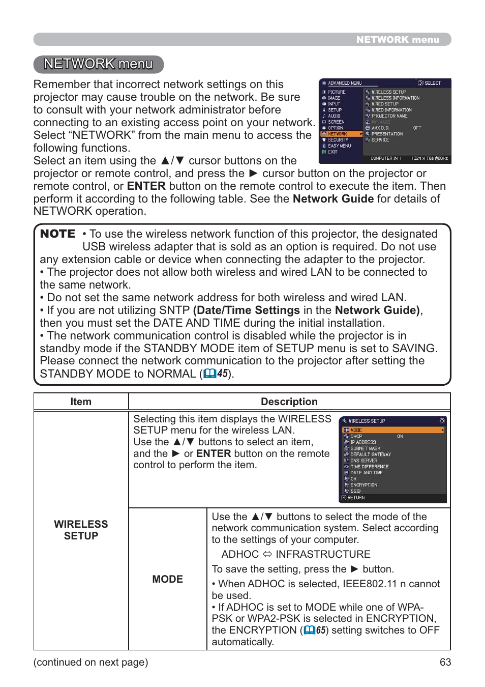 Network menu | Hitachi CP-X2021WN User Manual | Page 63 / 107