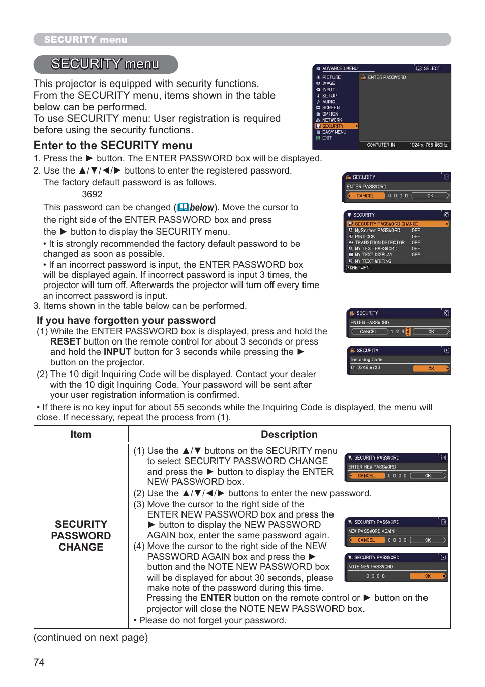 Security menu | Hitachi CP-X2021WN User Manual | Page 74 / 107