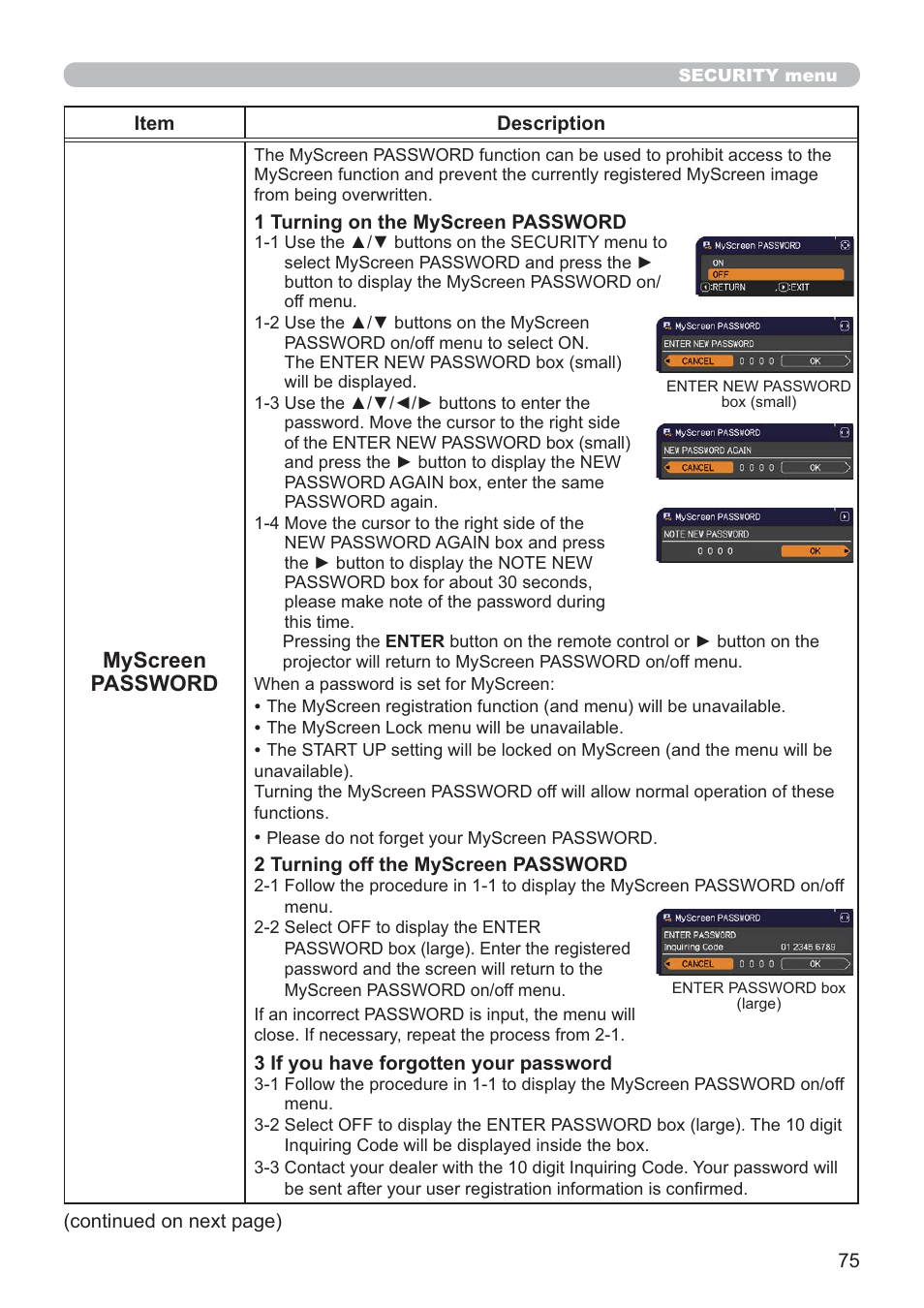 Myscreen password | Hitachi CP-X2021WN User Manual | Page 75 / 107