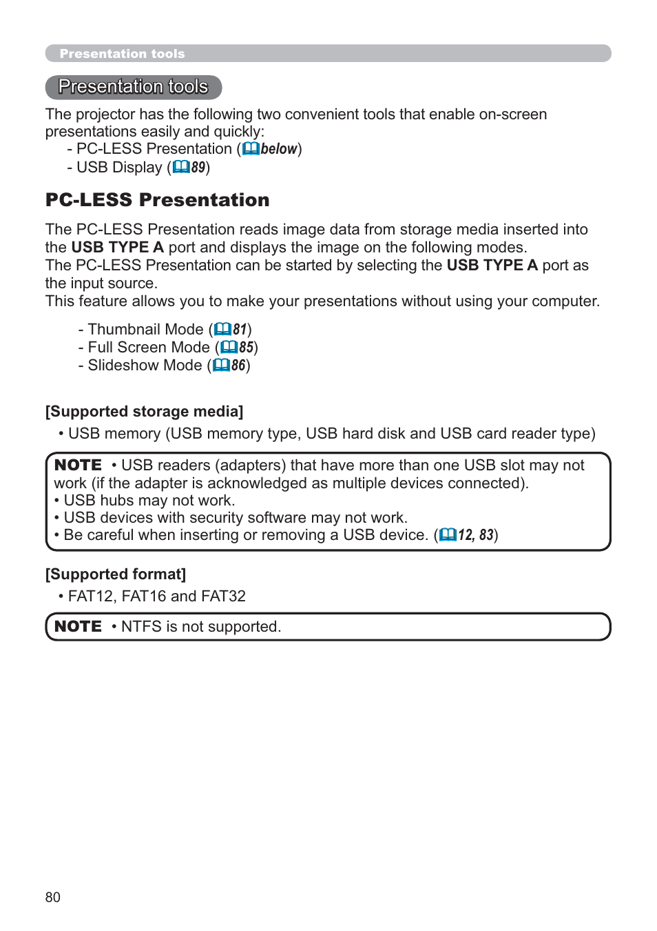Presentation tools, Pc-less presentation | Hitachi CP-X2021WN User Manual | Page 80 / 107