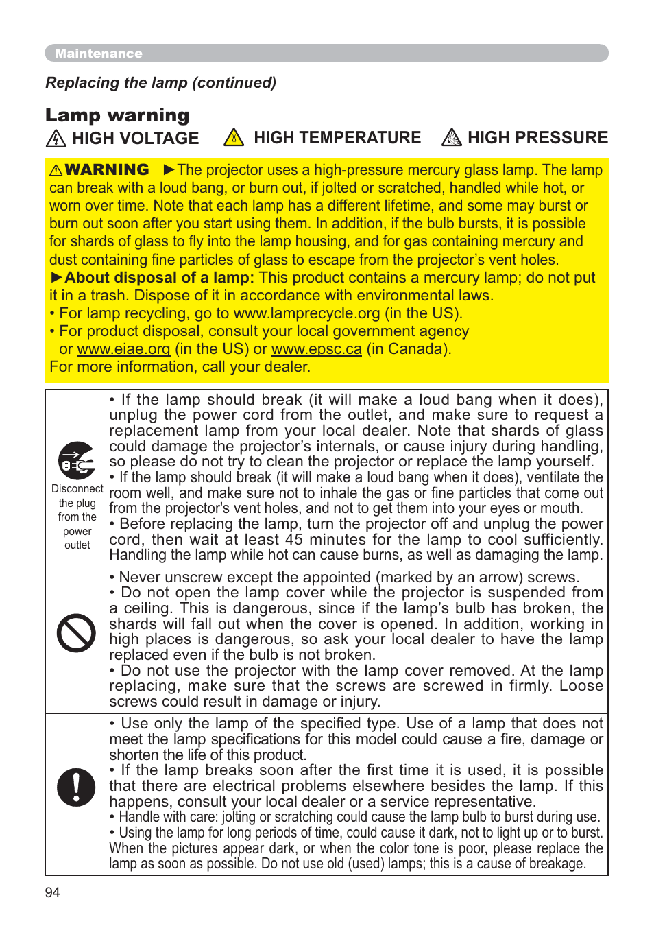 Lamp warning | Hitachi CP-X2021WN User Manual | Page 94 / 107
