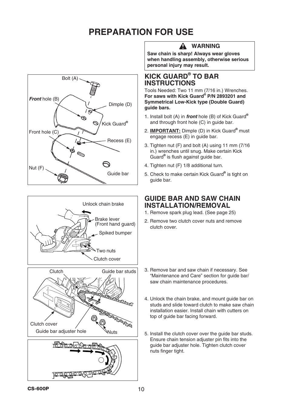 Preparation for use, Kick guard, Guide bar and saw chain installation/removal | Echo CS-600P Serial C22312001001 - C22312999999 User Manual | Page 12 / 34