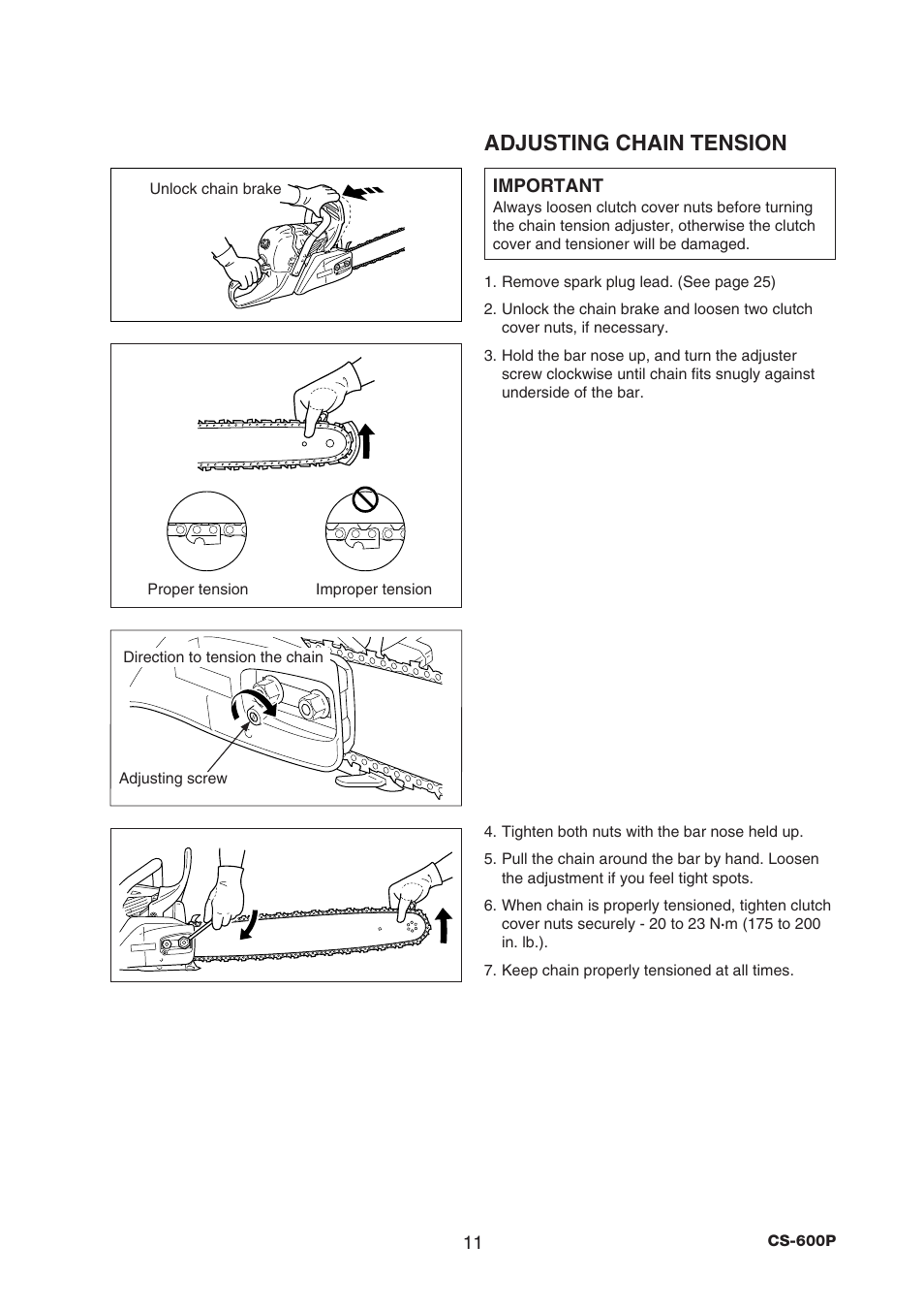 Adjusting chain tension | Echo CS-600P Serial C22312001001 - C22312999999 User Manual | Page 13 / 34