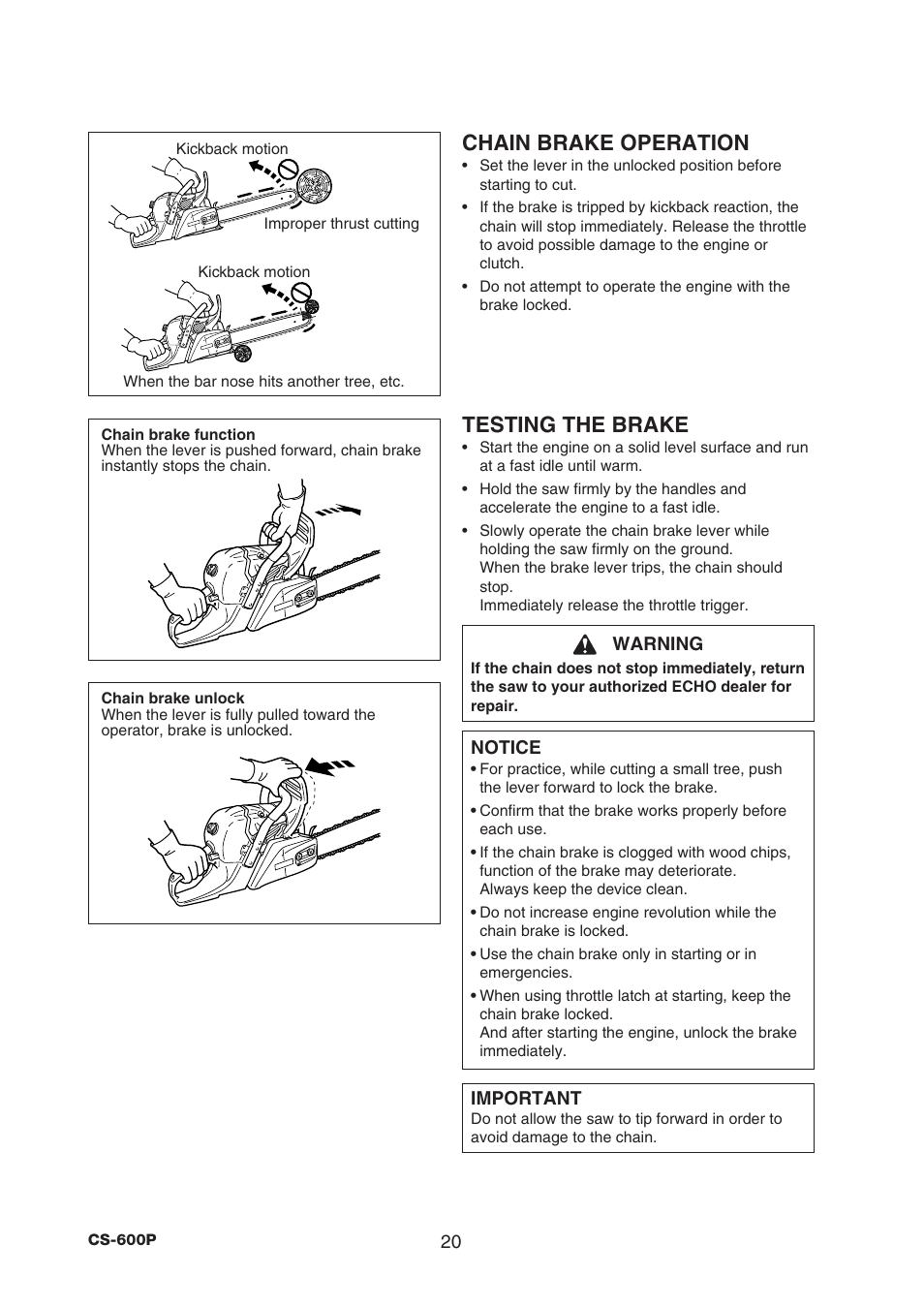 Chain brake operation, Testing the brake | Echo CS-600P Serial C22312001001 - C22312999999 User Manual | Page 22 / 34
