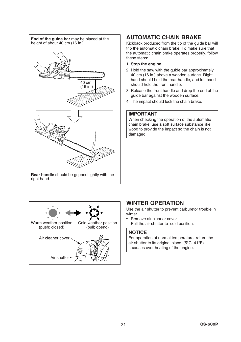 Automatic chain brake, Winter operation | Echo CS-600P Serial C22312001001 - C22312999999 User Manual | Page 23 / 34