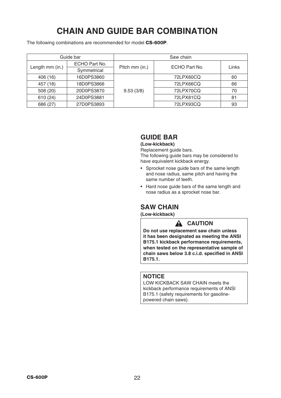 Chain and guide bar combination, Guide bar, Saw chain | Echo CS-600P Serial C22312001001 - C22312999999 User Manual | Page 24 / 34