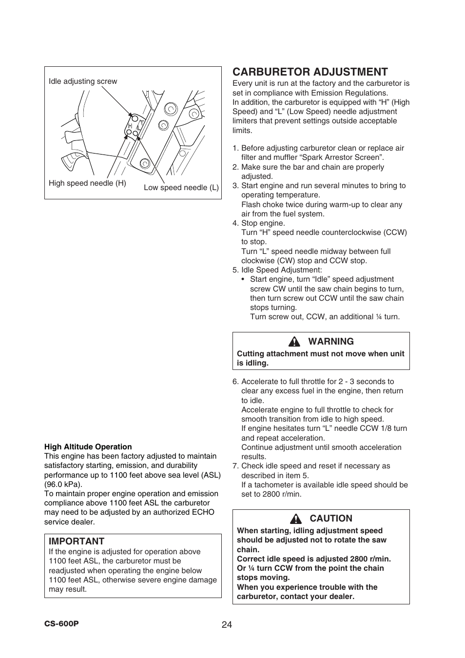 Carburetor adjustment | Echo CS-600P Serial C22312001001 - C22312999999 User Manual | Page 26 / 34