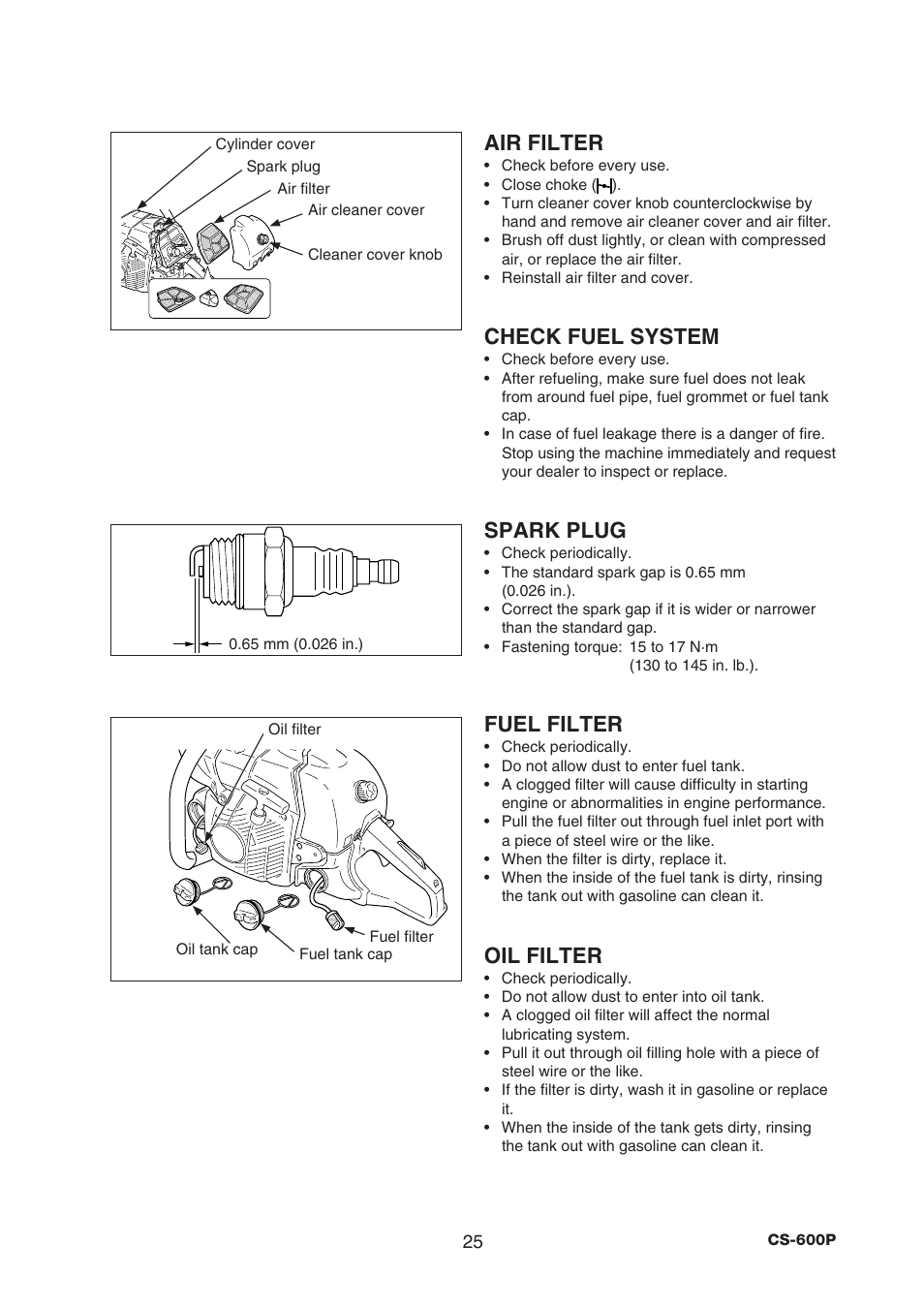 Air filter, Check fuel system, Spark plug | Fuel filter, Oil filter | Echo CS-600P Serial C22312001001 - C22312999999 User Manual | Page 27 / 34